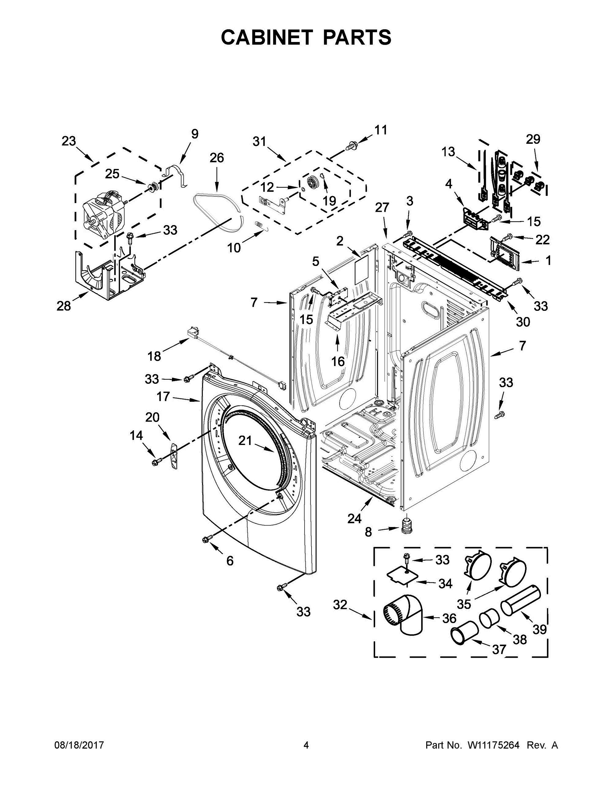 03 - CABINET PARTS Diagram and Parts List for WED75HEFW1  Whirlpool Dryer