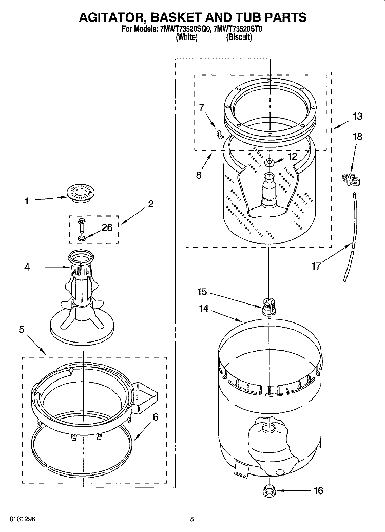 AGITATOR, BASKET AND TUB PARTS Diagram and Parts List for 7MWT73520SQ0  Whirlpool Washer