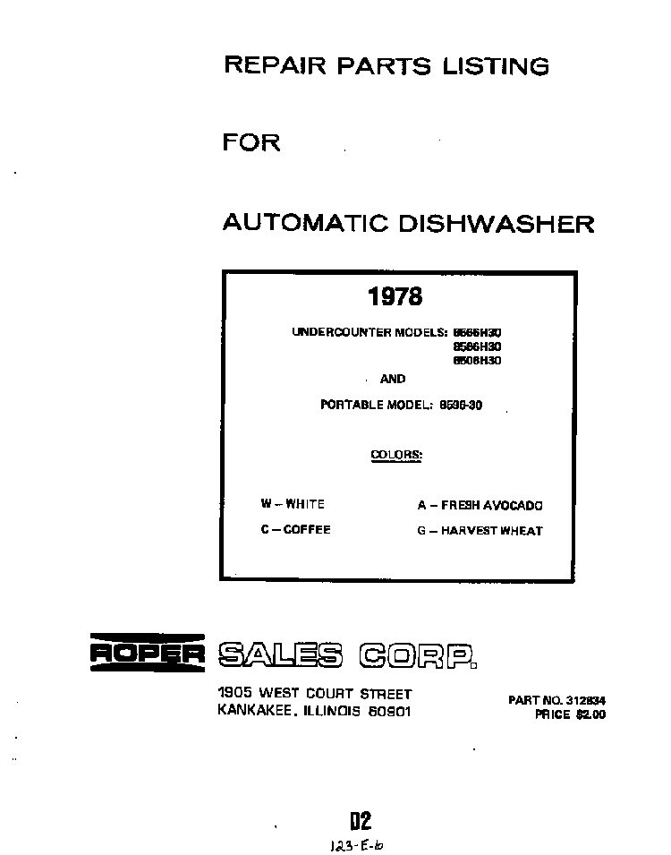 Front Cover Diagram and Parts List for 8586H30  Roper Dishwasher