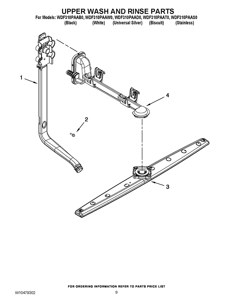 UPPER WASH AND RINSE PARTS Diagram and Parts List for WDF310PAAD0  Whirlpool Dishwasher