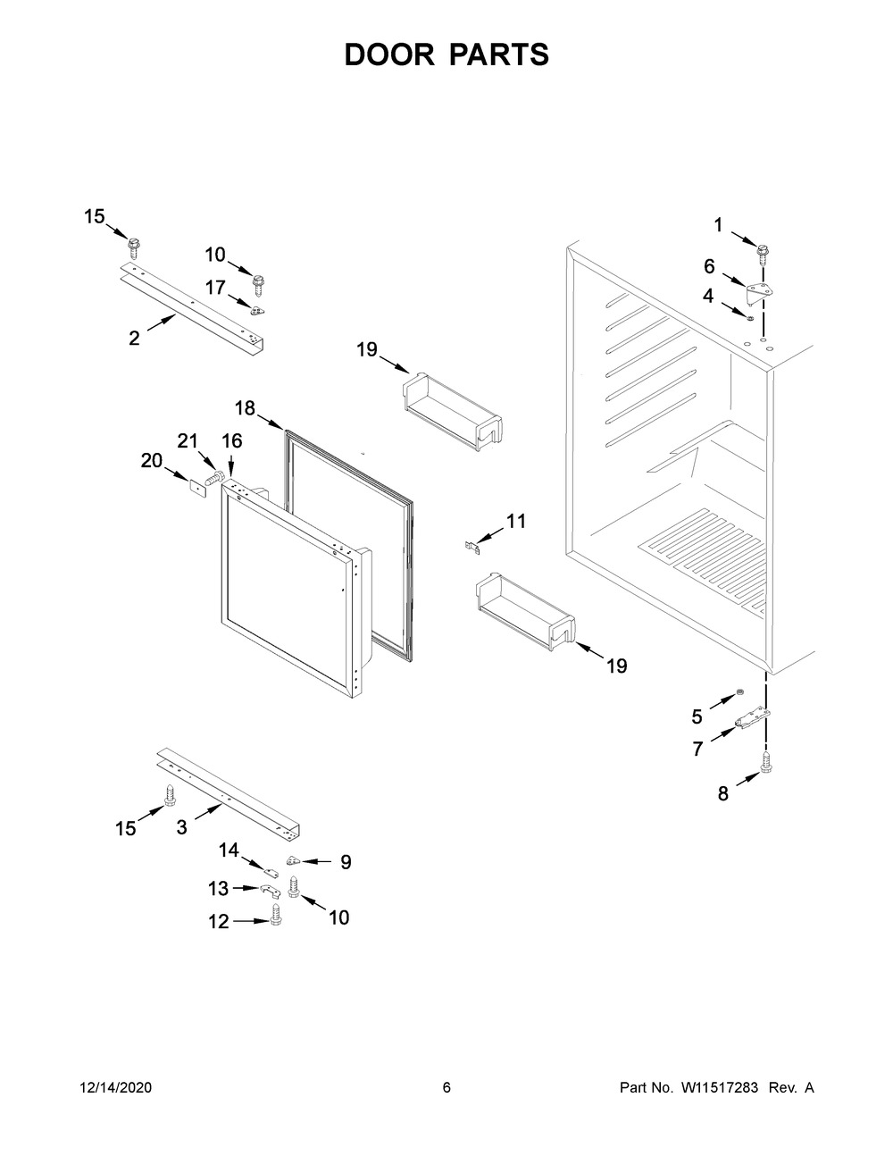 Door Parts Diagram and Parts List for KURR104EPA01  Whirlpool Wine and Beverage Cooler