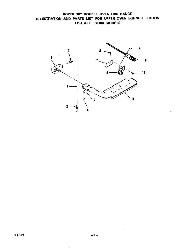 Upper Oven Burner Diagram and Parts List for 1883*0A  Roper Wall Oven