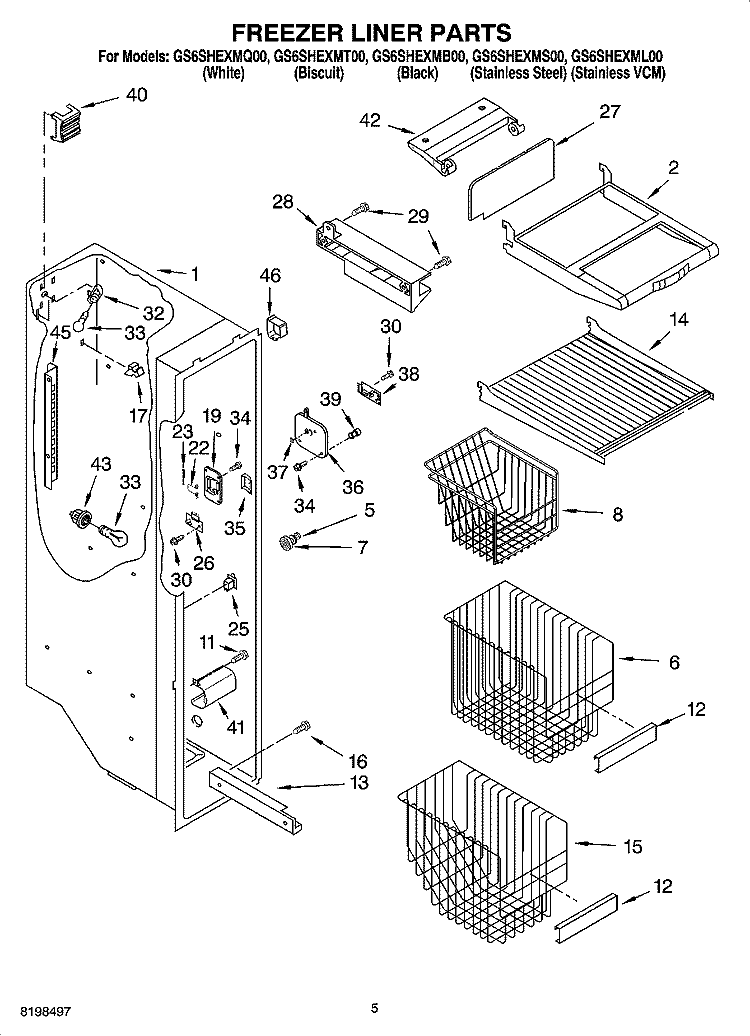 FREEZER LINER PARTS Diagram and Parts List for GS6SHEXML00  Whirlpool Refrigerator