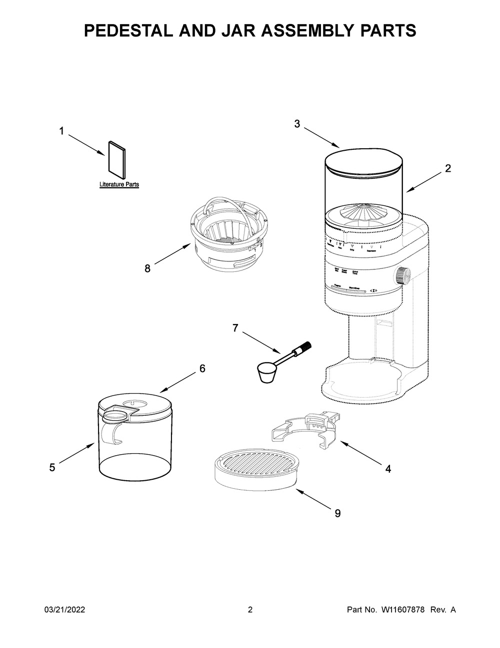 Pedestal And Jar Assembly Parts Diagram and Parts List for 5KCG8433EAC0  KitchenAid Coffee Grinder