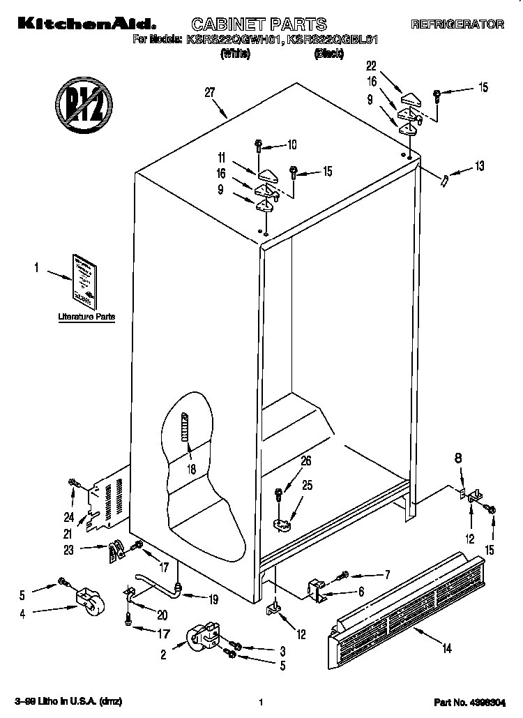 Cabinet Diagram and Parts List for KSRS22QGBL0  KitchenAid Refrigerator