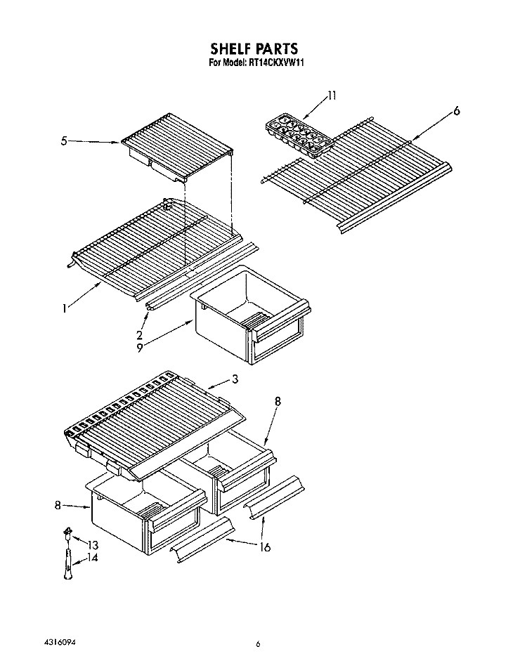 SHELF Diagram and Parts List for RT14CKXVW11  Roper Refrigerator