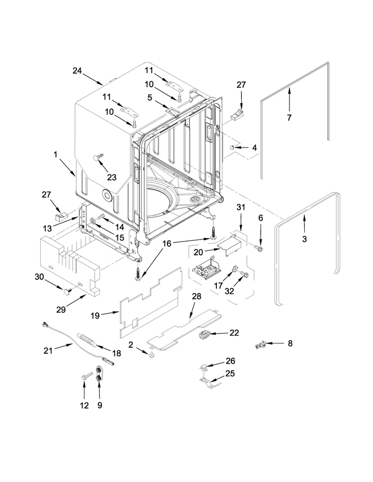 Tub And Frame Parts Diagram and Parts List for KDTM354DSS1  KitchenAid Dishwasher