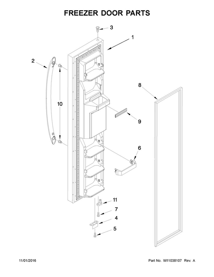 Freezer Door Parts Diagram and Parts List for WRS331FDDB02  Whirlpool Refrigerator