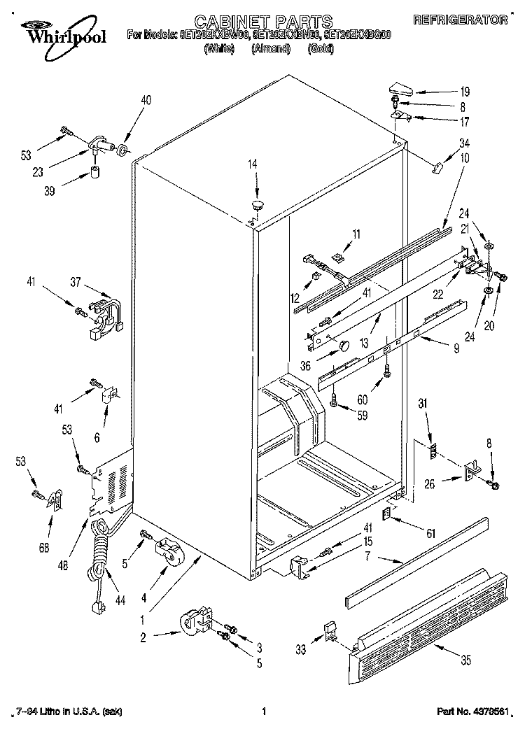 CABINET Diagram and Parts List for 8ET20ZKXBG00  Whirlpool Refrigerator