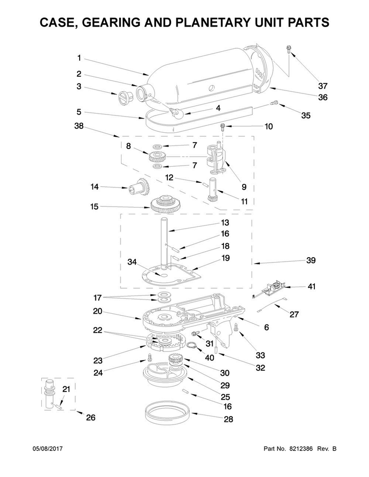 Case, Gearing And Planetary Unit Parts Diagram and Parts List for 5K45SSSOB4  KitchenAid Mixer