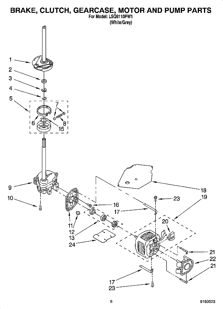 BRAKE, CLUTCH, GEARCASE, MOTOR AND PUMP PARTS Diagram and Parts List for LSQ9110PW1  Whirlpool Washer