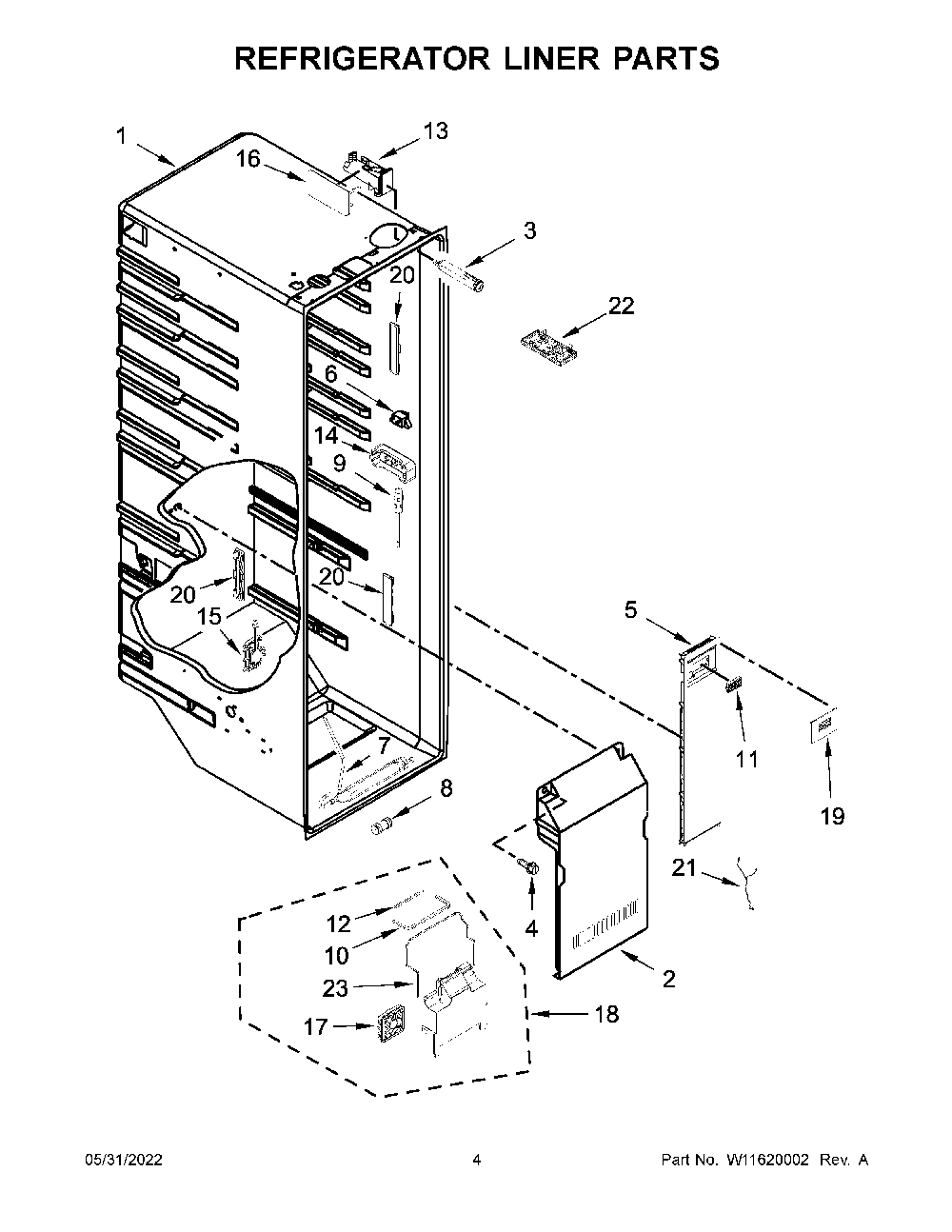 Refrigerator Liner Parts Diagram and Parts List for KRSC703HPS04  KitchenAid Refrigerator