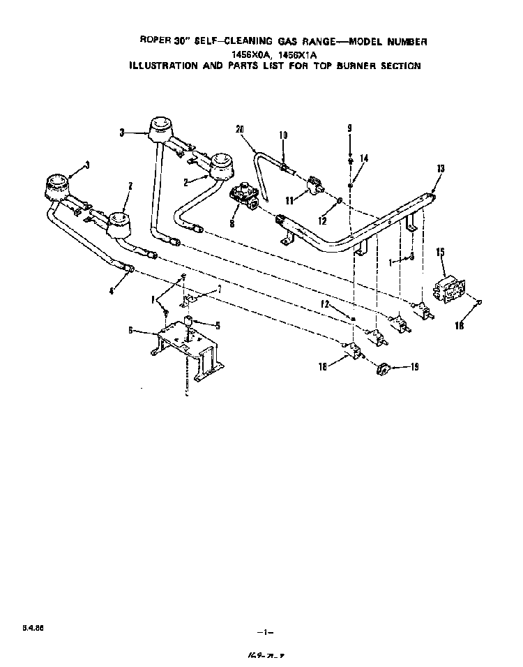 Top Burner Diagram and Parts List for 1456*0A  Roper Range