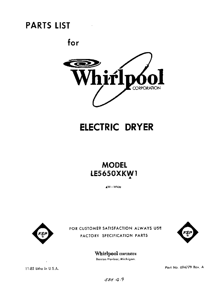 SECTION Diagram and Parts List for LE5650XKW1  Whirlpool Dryer