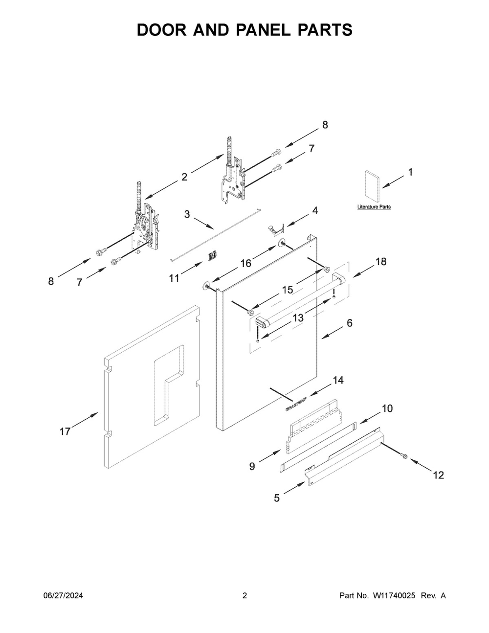 02 - Door And Panel Parts Diagram and Parts List for BLB14GRANA3  Whirlpool Dishwasher