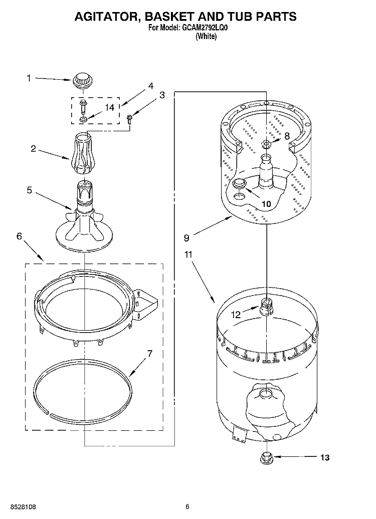 AGITATOR, BASKET AND TUB Diagram and Parts List for GCAM2792LQ0  Whirlpool Washer