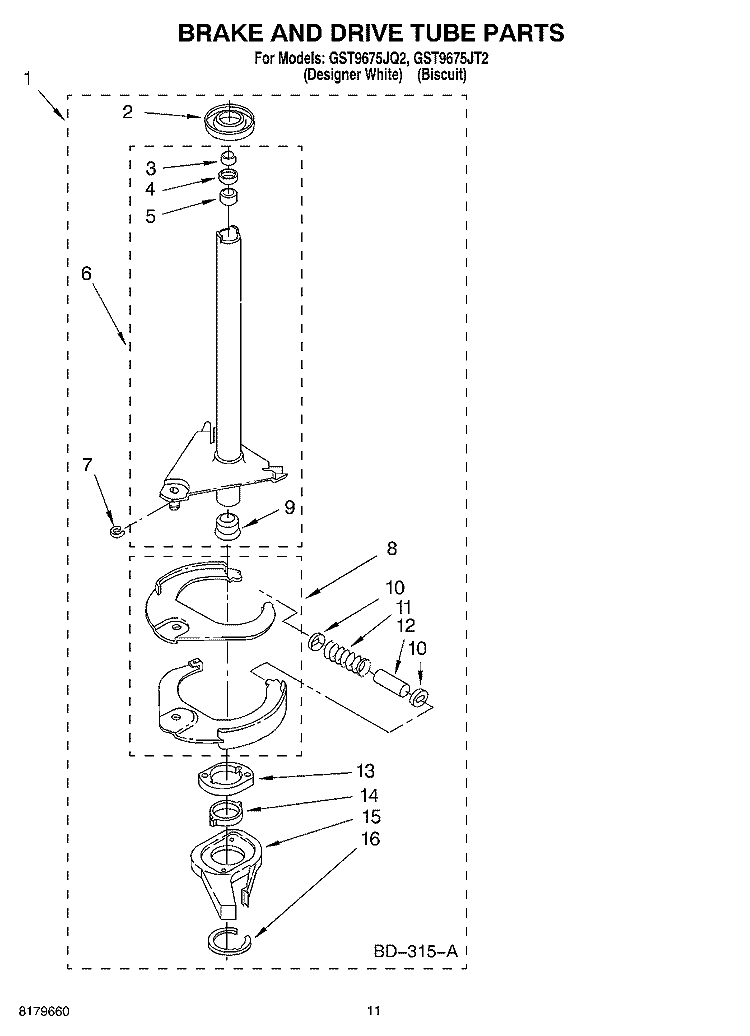 BRAKE AND DRIVE TUBE Diagram and Parts List for GST9675JQ2  Whirlpool Washer