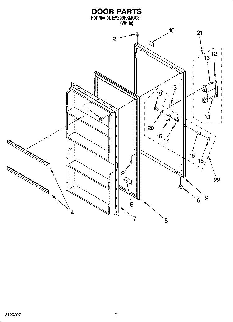 DOOR PARTS, OPTIONAL PARTS (NOT INCLUDED) Diagram and Parts List for EV200FXMQ03  Whirlpool Freezer
