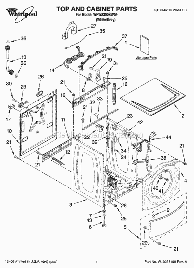 Top And Cabinet Parts Diagram and Parts List for WFW8300SW05  Whirlpool Washer