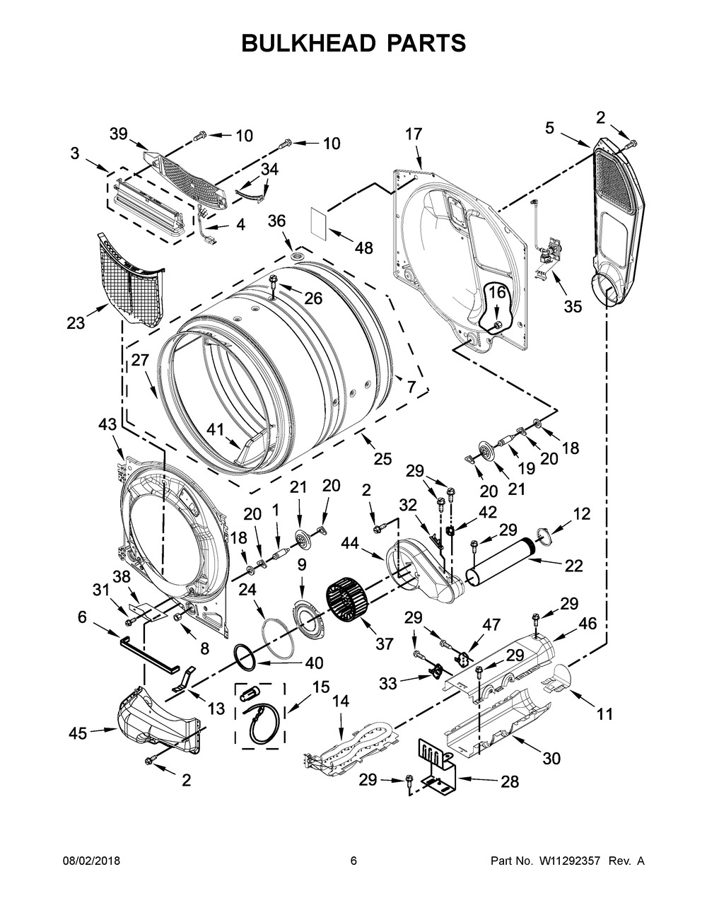 Bulkhead Parts Diagram and Parts List for WED7505FW0  Whirlpool Dryer