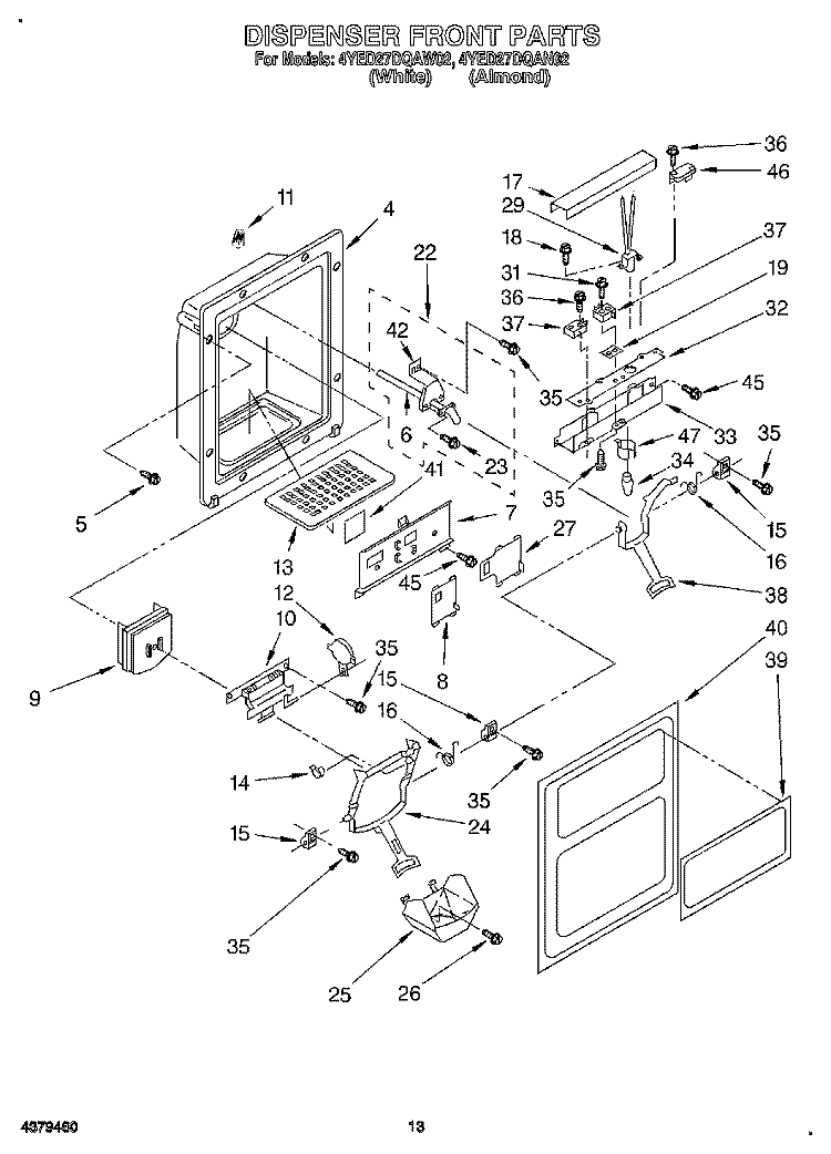 DISPENSER FRONT Diagram and Parts List for 4YED27DQAN02  Whirlpool Refrigerator