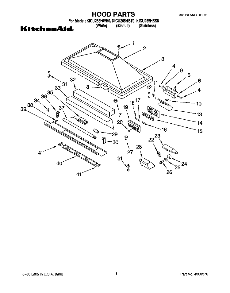 SECTION Diagram and Parts List for KICU265HWH0  KitchenAid Range Hood