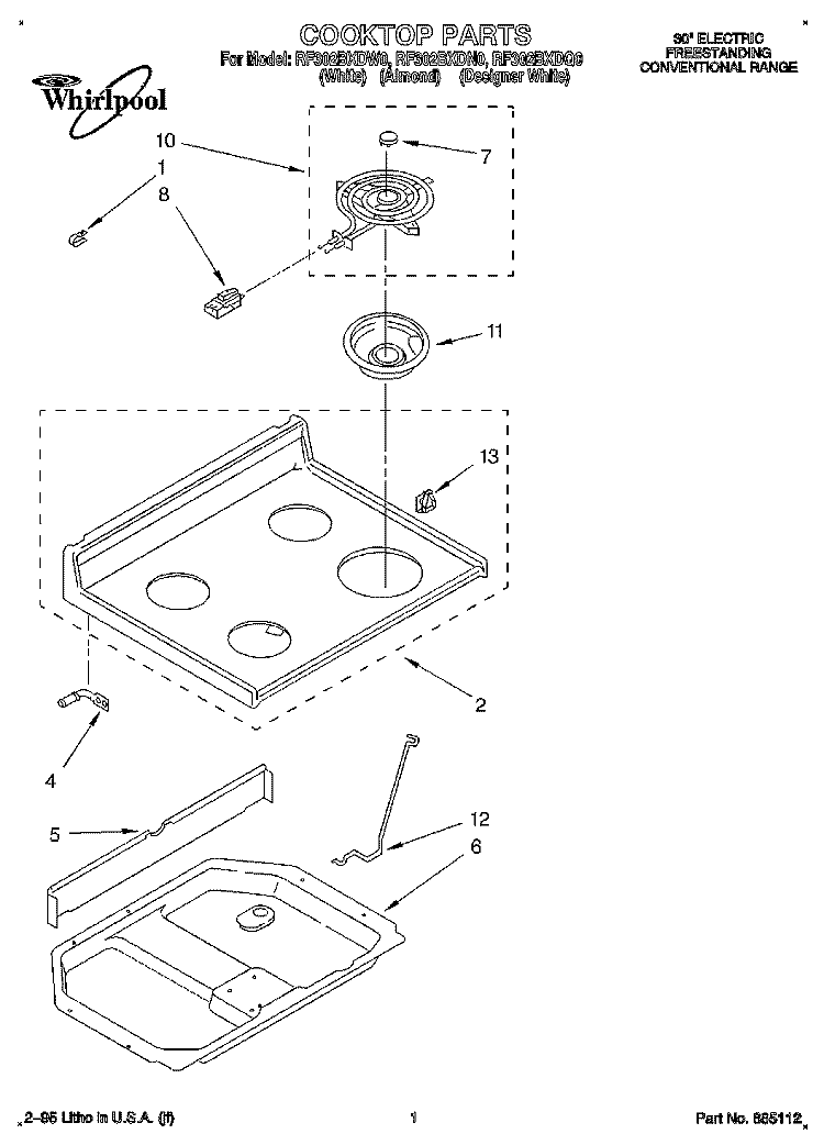 COOKTOP, LITERATURE Diagram and Parts List for RF302BXDW0  Whirlpool Range