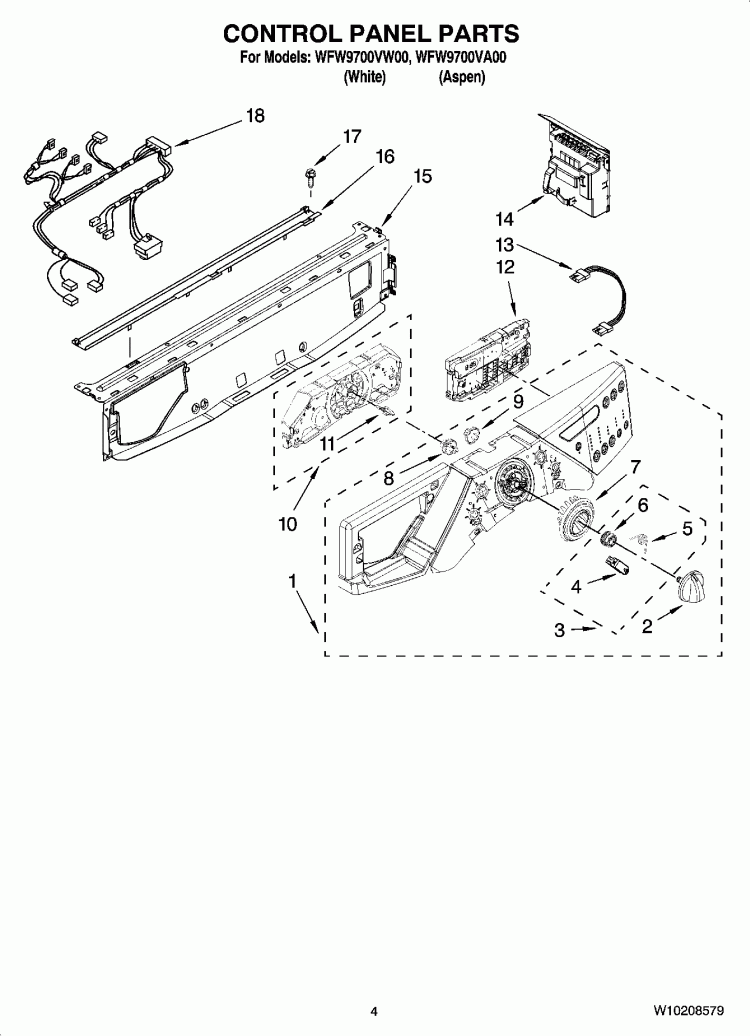 CONTROL PANEL PARTS Diagram and Parts List for WFW9700VW00  Whirlpool Washer