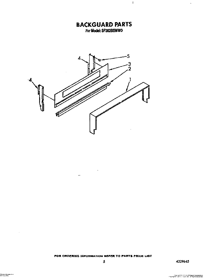 BACKGUARD Diagram and Parts List for SF302BSWW0  Whirlpool Range