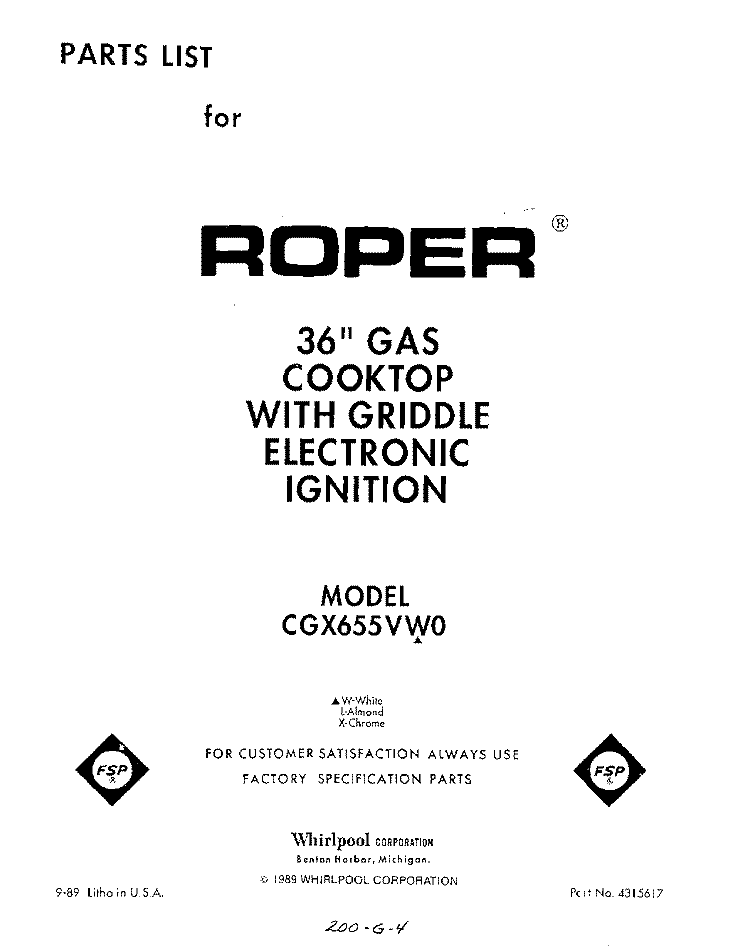 SECTION Diagram and Parts List for CGX655VX0  Whirlpool Cooktop