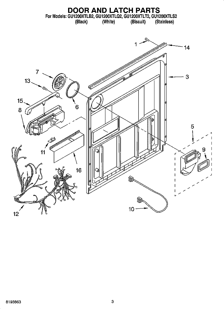 DOOR AND LATCH PARTS Diagram and Parts List for GU1200XTLB2  Whirlpool Dishwasher