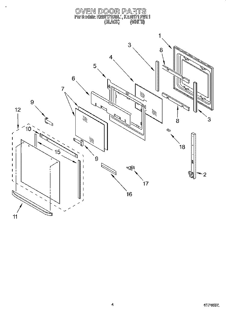 OVEN DOOR Diagram and Parts List for KEBI171DBL1  KitchenAid Wall Oven