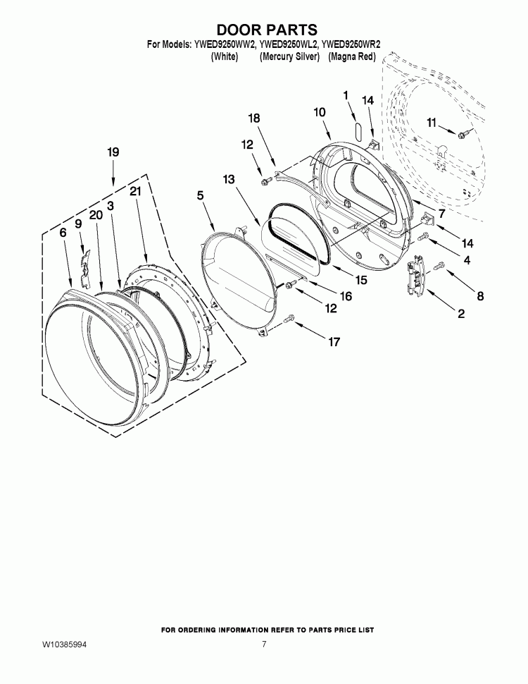 DOOR PARTS Diagram and Parts List for YWED9250WL2  Whirlpool Dryer