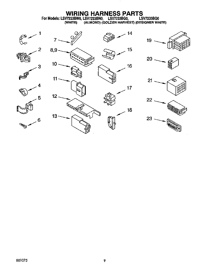 WIRING HARNESS Diagram and Parts List for LSV7233BQ0  Whirlpool Washer