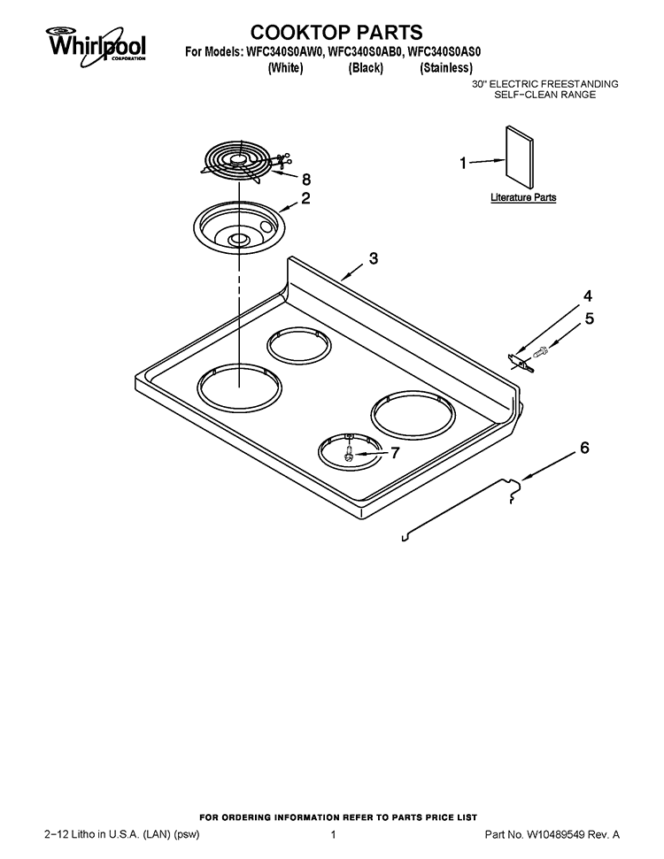 COOKTOP PARTS Diagram and Parts List for WFC340S0AB0  Whirlpool Range