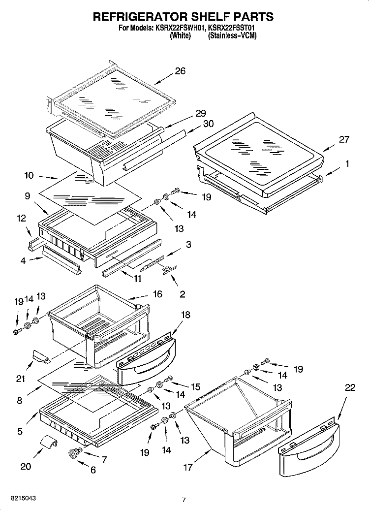REFRIGERATOR SHELF PARTS Diagram and Parts List for KSRX22FSWH01  KitchenAid Refrigerator