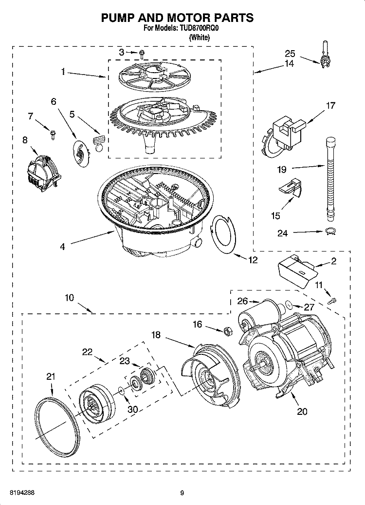 PUMP AND MOTOR PARTS Diagram and Parts List for TUD8700RQ0  Estate Dishwasher