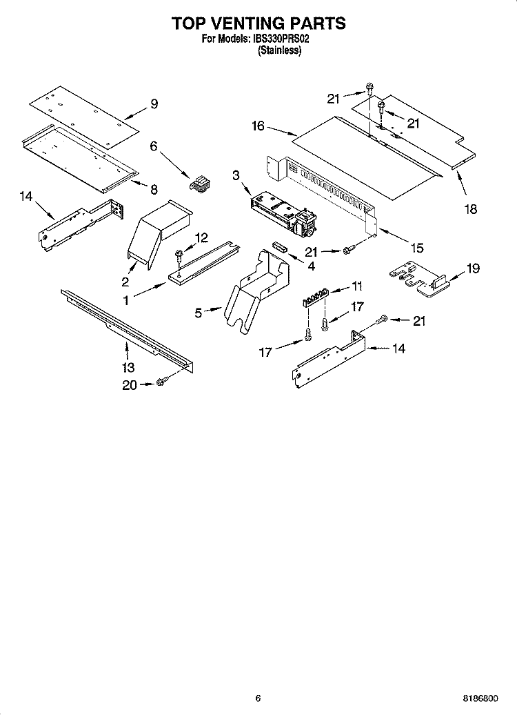 TOP VENTING PARTS, OPTIONAL PARTS (NOT INCLUDED) Diagram and Parts List for IBS330PRS02  Whirlpool Wall Oven