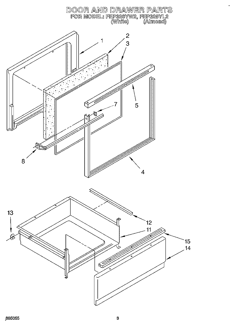 DOOR AND DRAWER, UNIT Diagram and Parts List for FEP320YW2  Roper Range