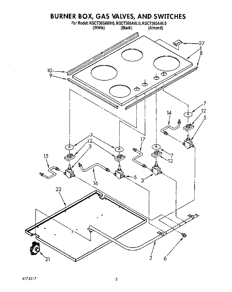 BURNER BOX, GAS VALVES, AND SWITCHES Diagram and Parts List for KGCT365ABL0  KitchenAid Cooktop