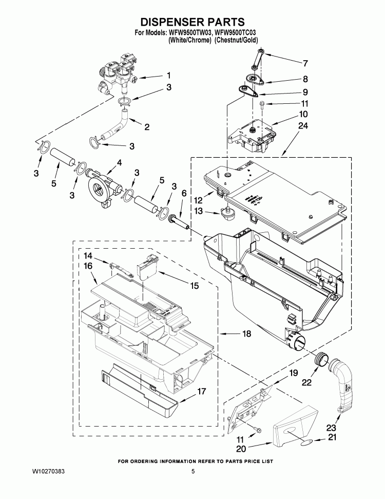 DISPENSER PARTS Diagram and Parts List for WFW9500TW03  Whirlpool Washer