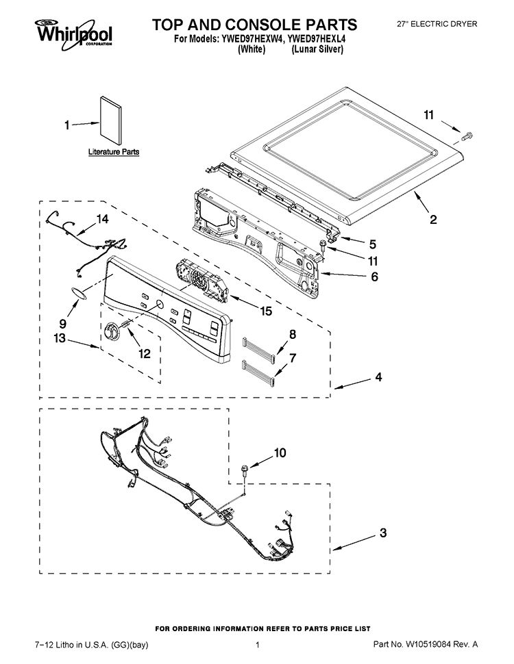 TOP AND CONSOLE PARTS Diagram and Parts List for YWED97HEXW4  Whirlpool Dryer