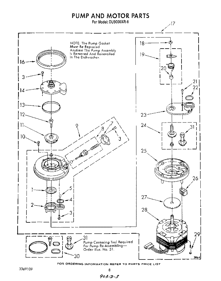 PUMP AND MOTOR Diagram and Parts List for DU9000XR6  Whirlpool Dishwasher