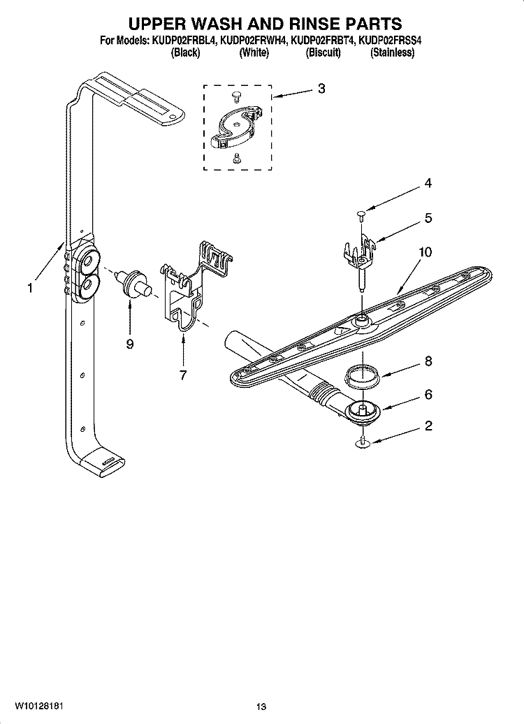 UPPER WASH AND RINSE PARTS Diagram and Parts List for KUDP02FRBL4  KitchenAid Dishwasher