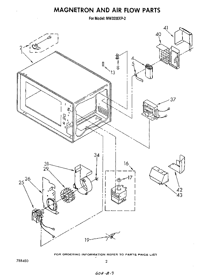 MAGNETRON AND AIR FLOW Diagram and Parts List for MW3200XP2  Whirlpool Microwave