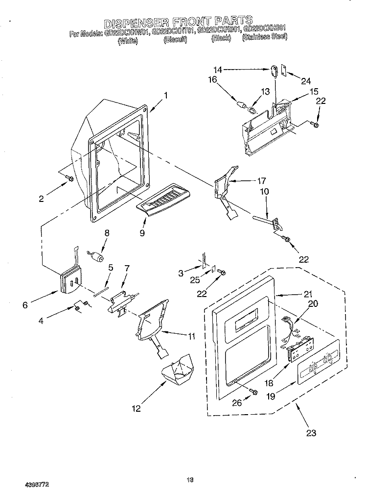 DISPENSER FRONT Diagram and Parts List for GD22DCXHT01  Whirlpool Refrigerator