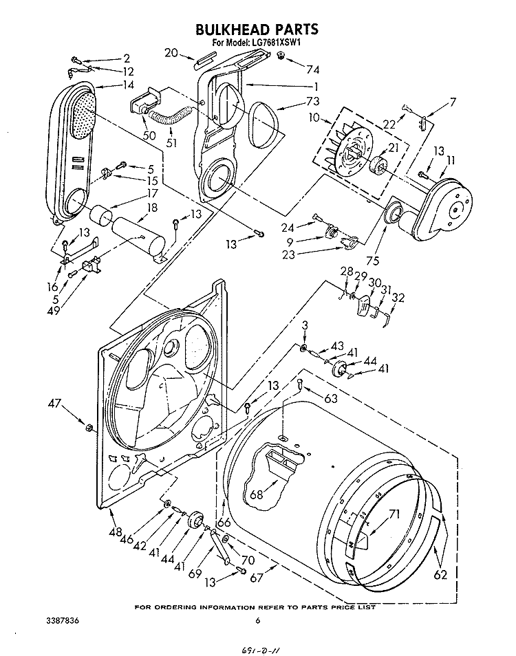 BULKHEAD Diagram and Parts List for LG7681XSW1  Whirlpool Dryer