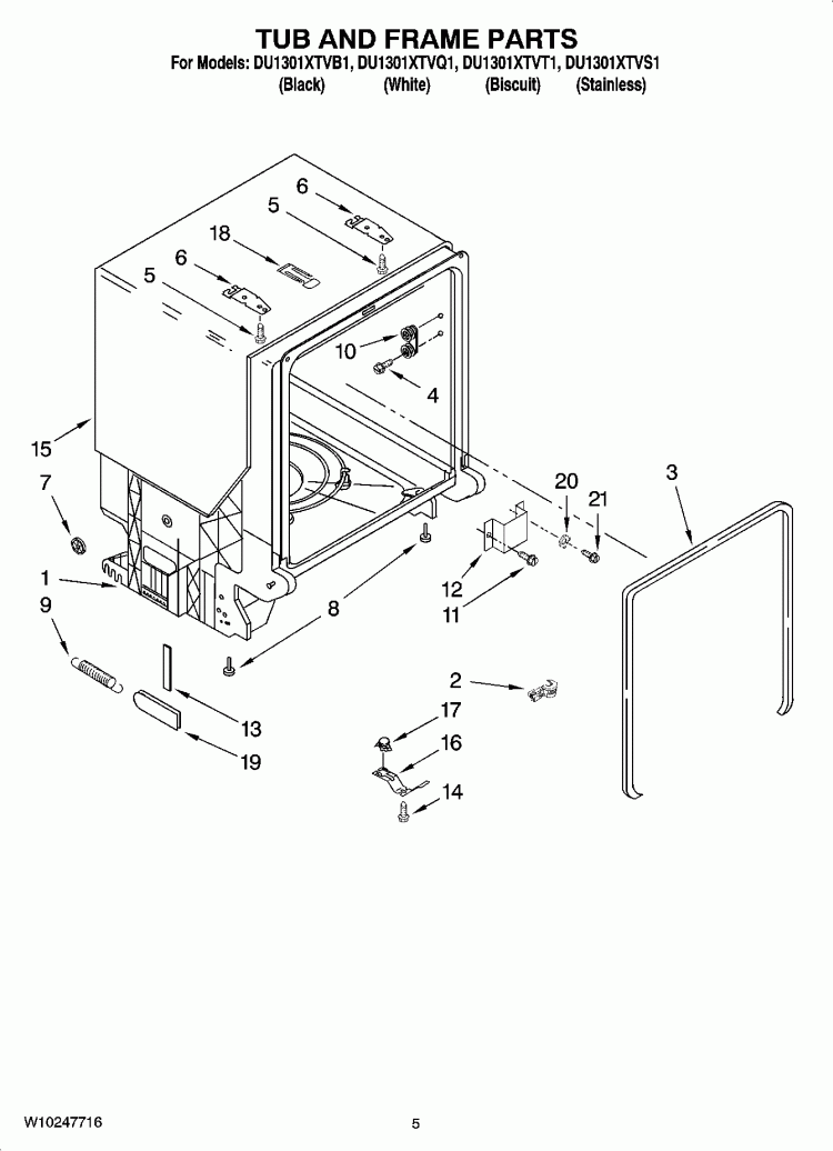 TUB AND FRAME PARTS Diagram and Parts List for DU1301XTVQ1  Whirlpool Dishwasher