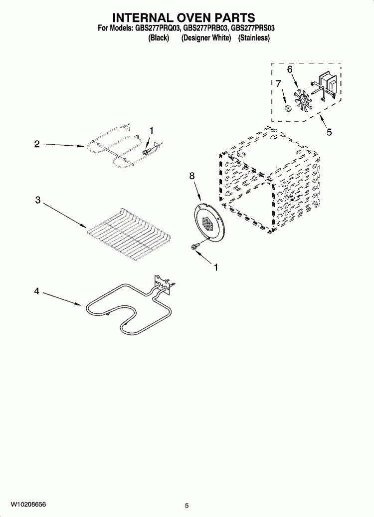 INTERNAL OVEN PARTS Diagram and Parts List for GBS277PRQ03  Whirlpool Wall Oven