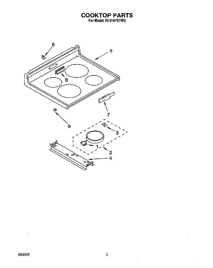 COOKTOP, LIT/OPTIONAL Diagram and Parts List for RF314PXYN0  Whirlpool Range